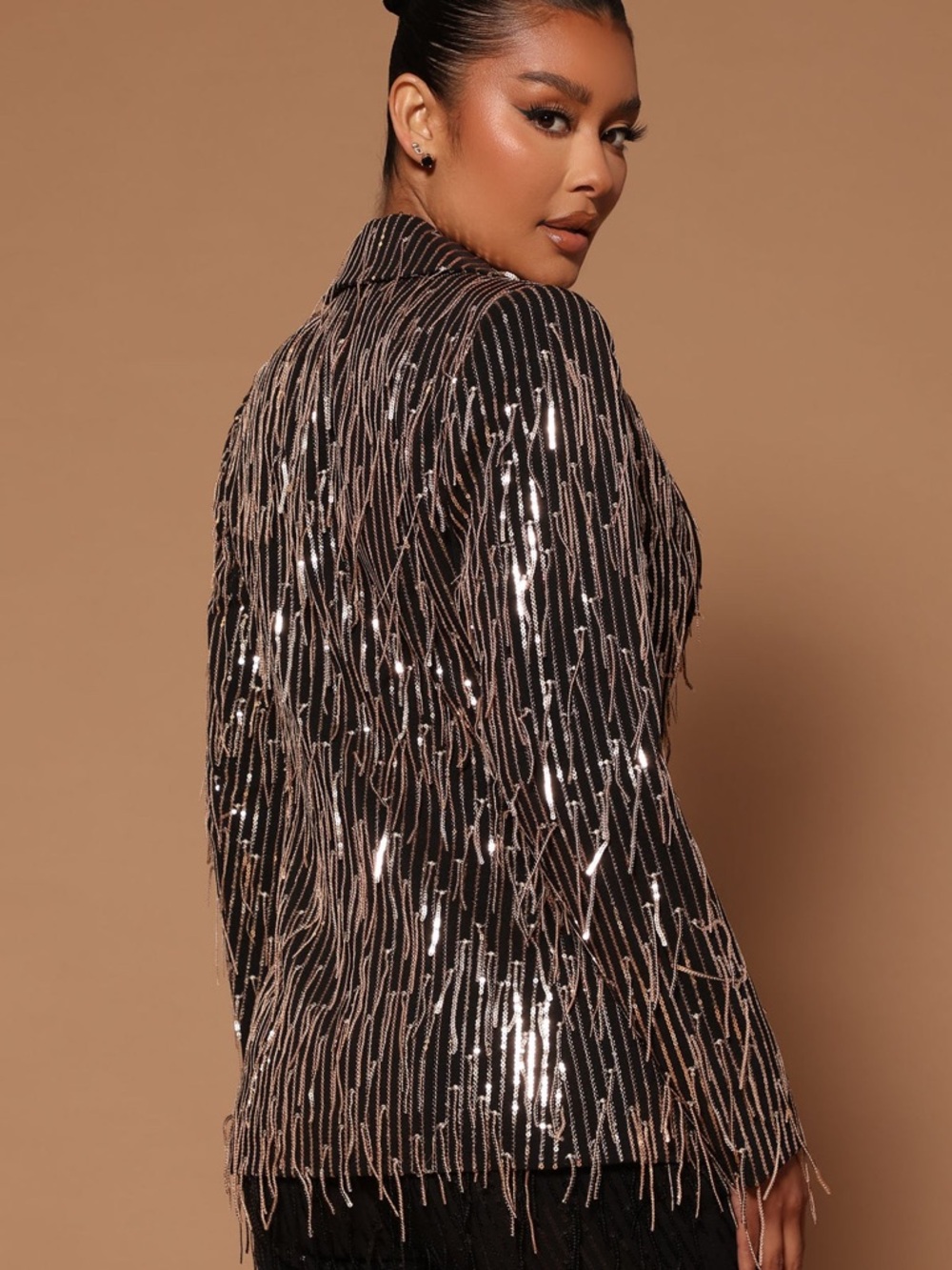 Black Sequin Fringe Blazer Size Large - Picture 2 of 5